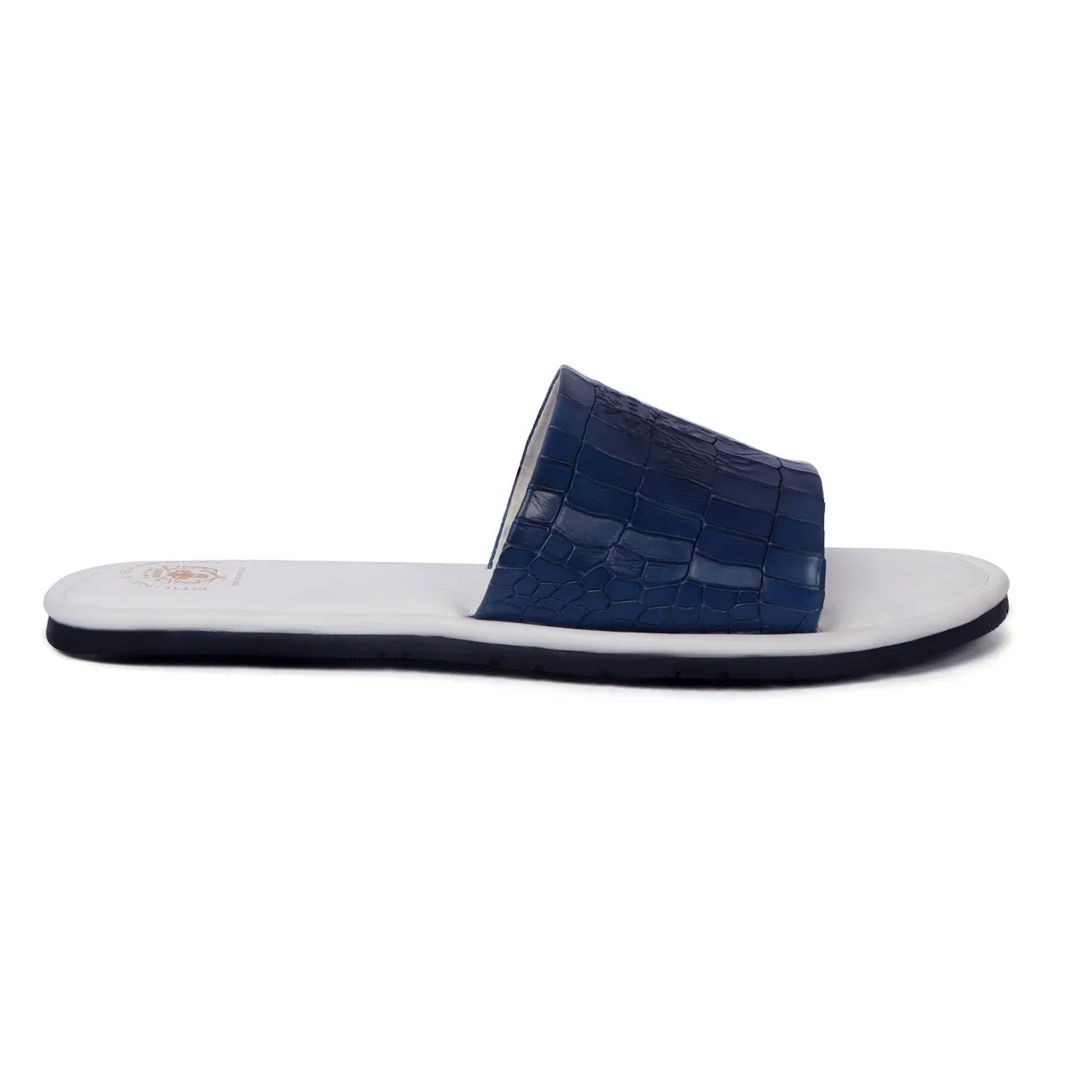 Blue Embossed Lion Deep Cut Strap White Leather Slide-In-Slippers