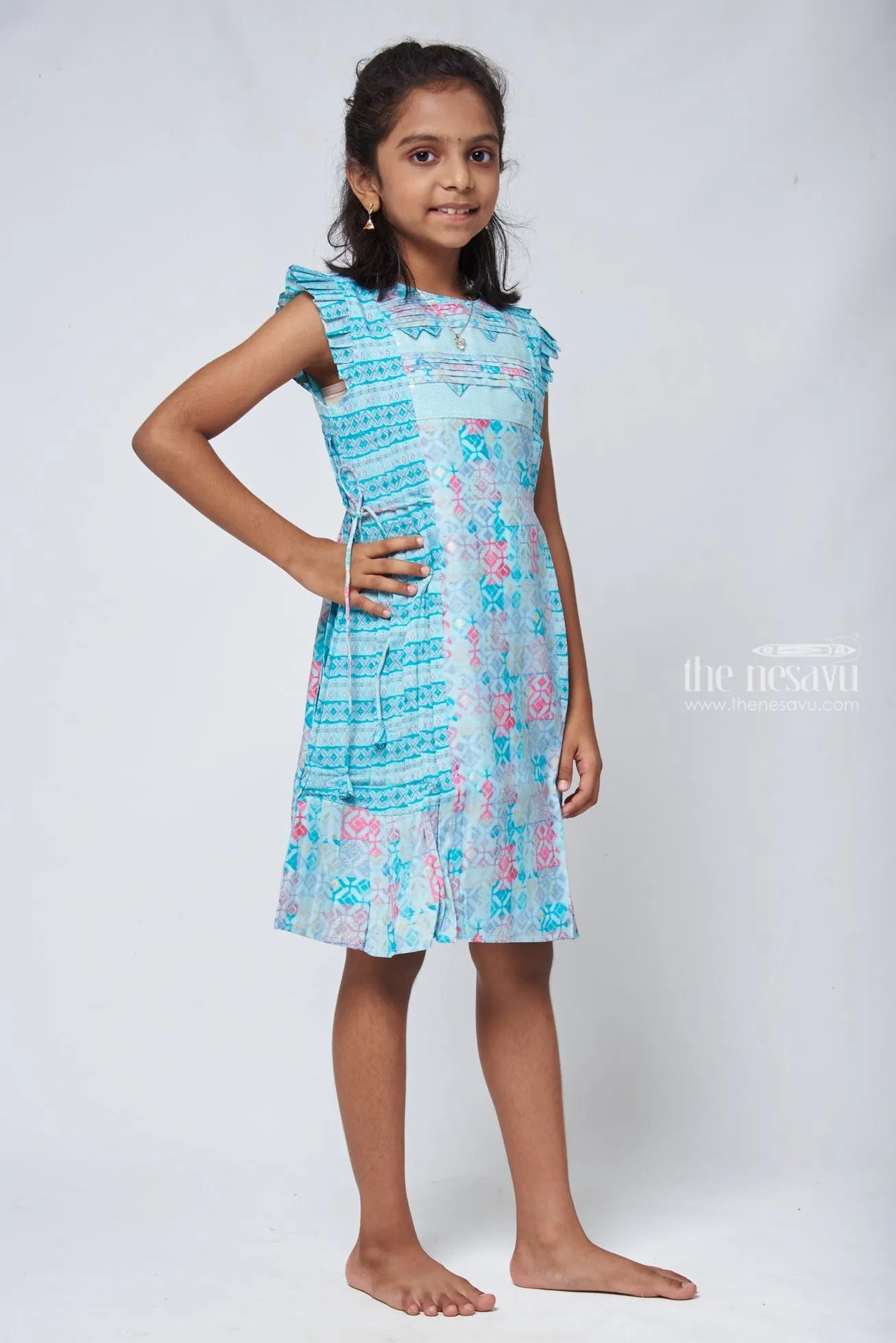 Blue Geometric A-line Frock - Trendy Girls Cotton Dress