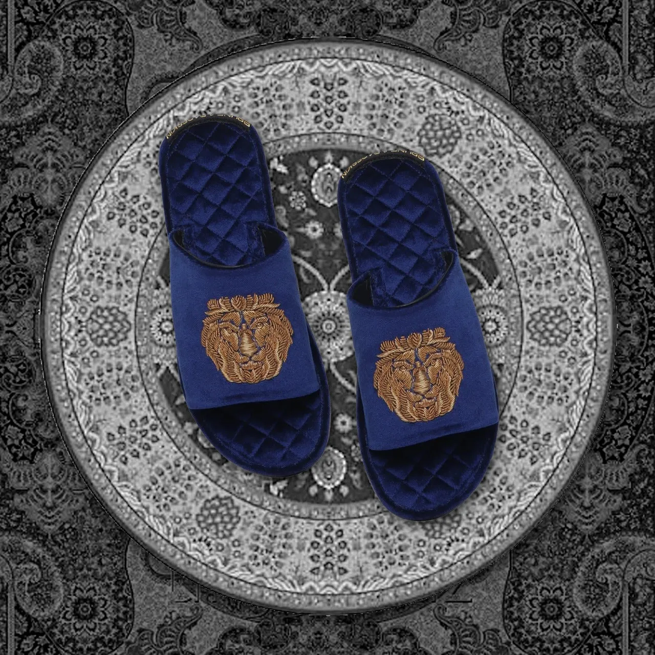 Blue Quilted Base Lion Zardosi Men Velvet Slide In Slippers By Brune & Bareskin