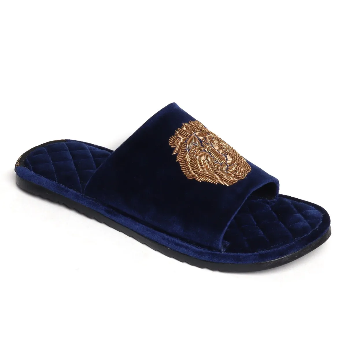 Blue Quilted Base Lion Zardosi Men Velvet Slide In Slippers By Brune & Bareskin