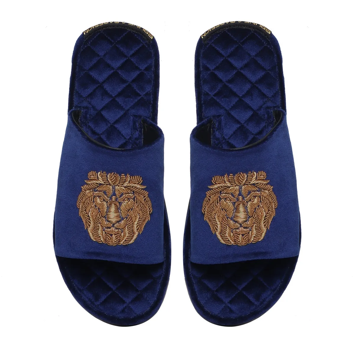 Blue Quilted Base Lion Zardosi Men Velvet Slide In Slippers By Brune & Bareskin