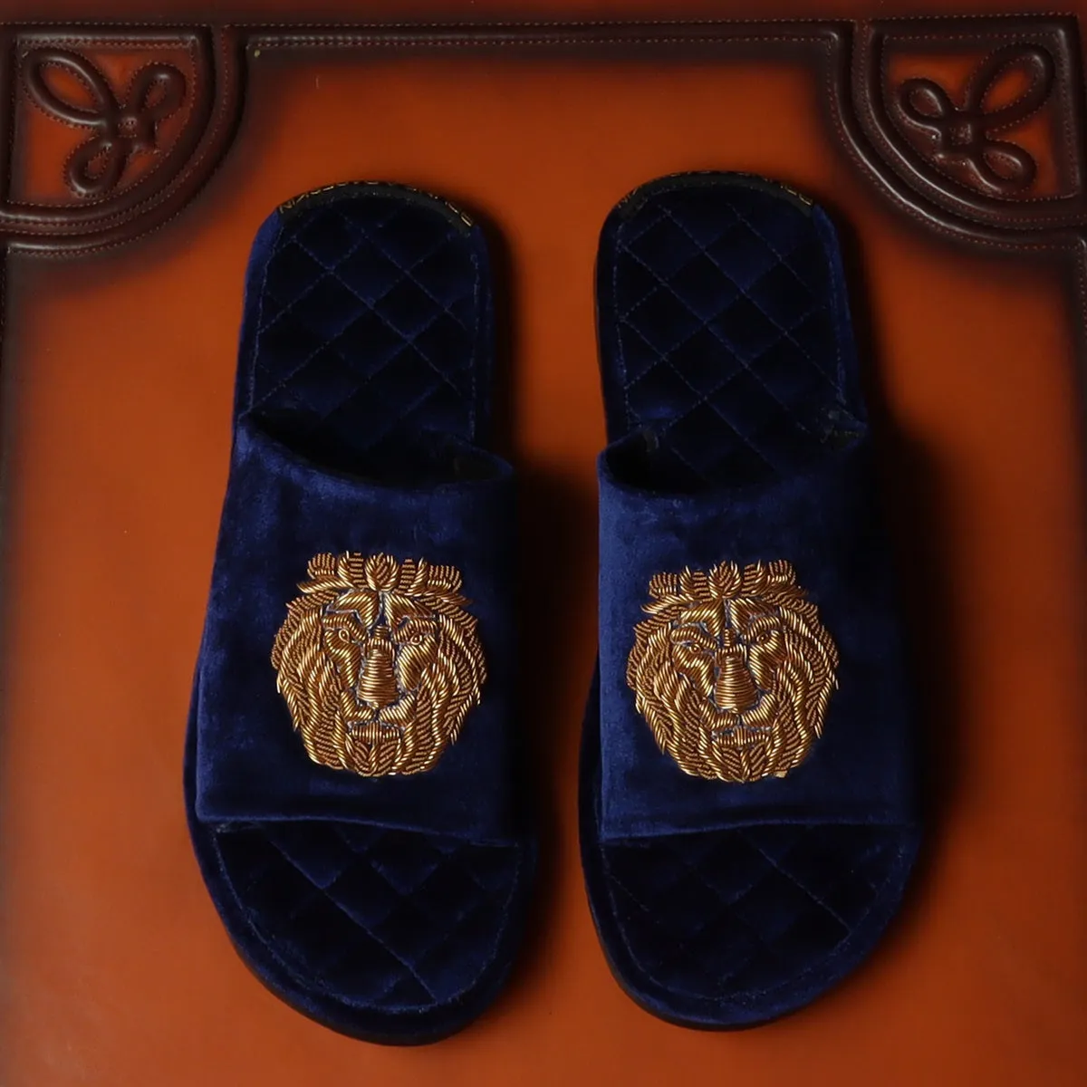 Blue Quilted Base Lion Zardosi Men Velvet Slide In Slippers By Brune & Bareskin