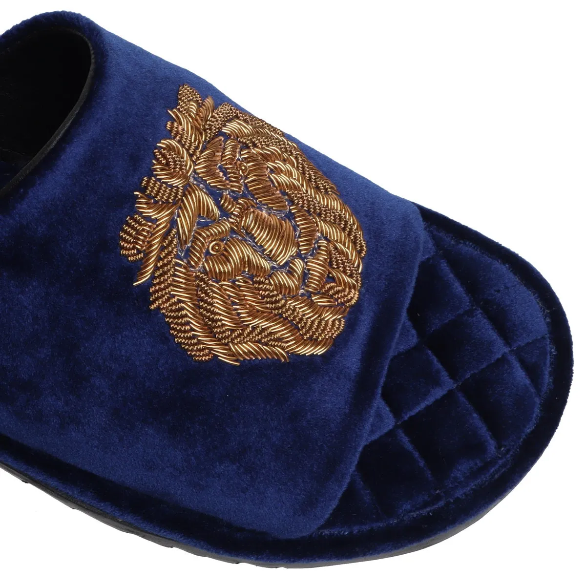 Blue Quilted Base Lion Zardosi Men Velvet Slide In Slippers By Brune & Bareskin