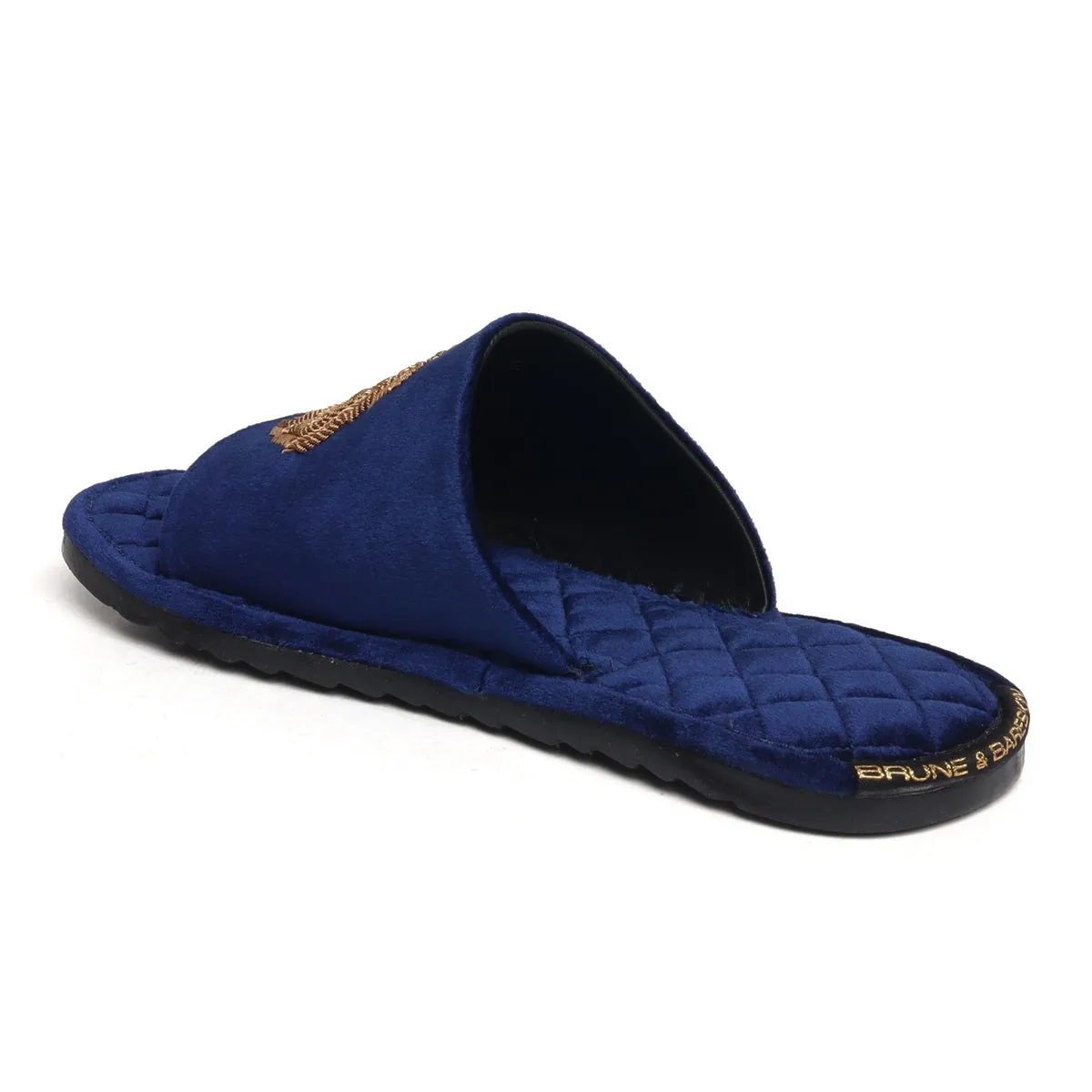 Blue Quilted Base Lion Zardosi Men Velvet Slide In Slippers By Brune & Bareskin