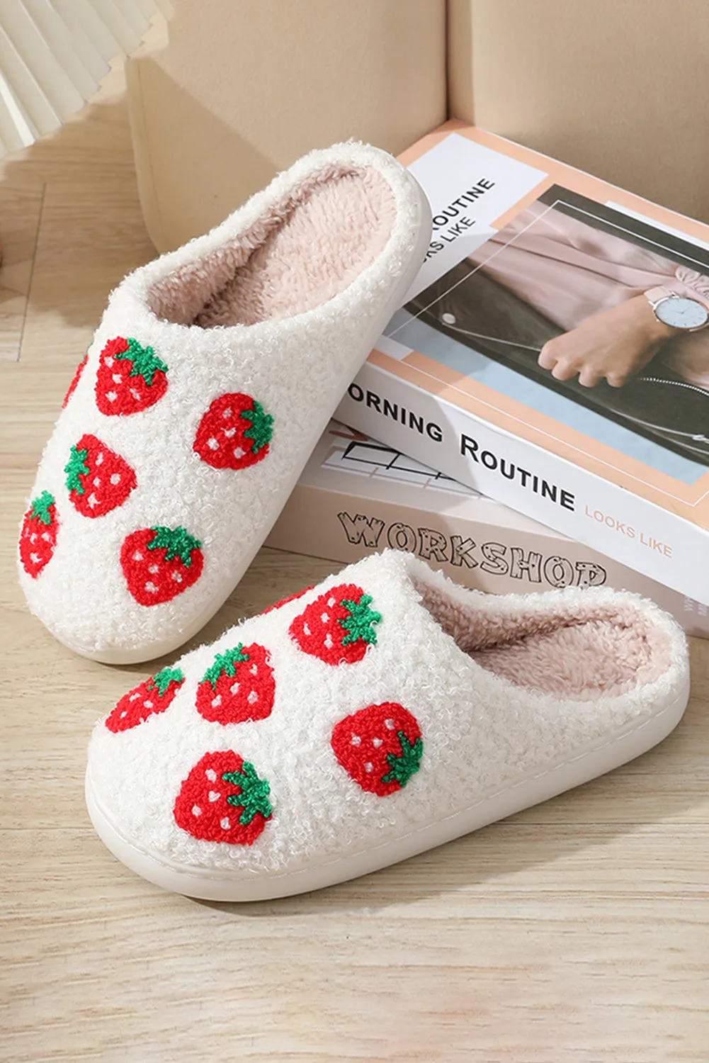 Bright White Cute Fuzzy Strawberry Pattern Home Slippers