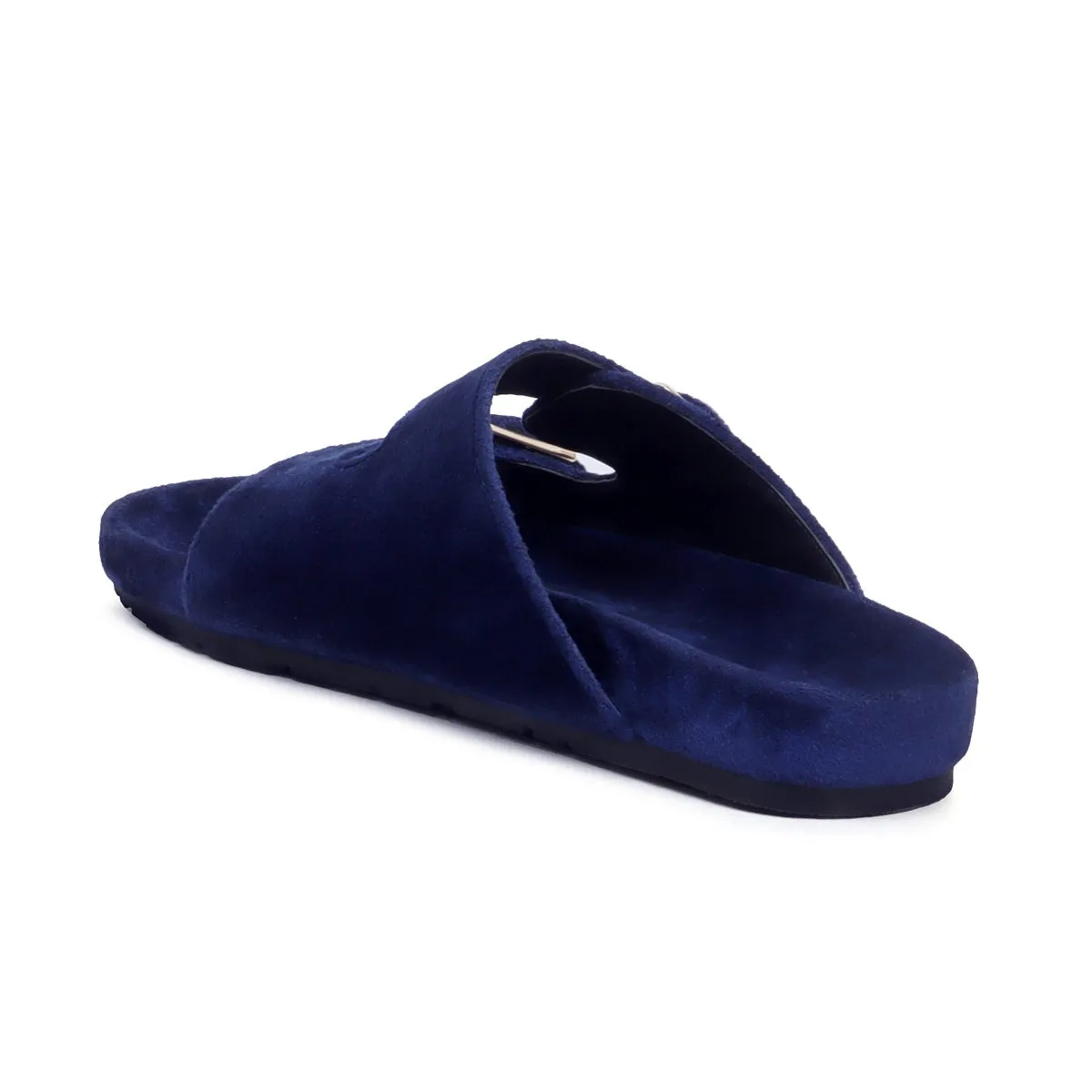 Buckled Slide-in Slippers in Blue Italian Velvet Material