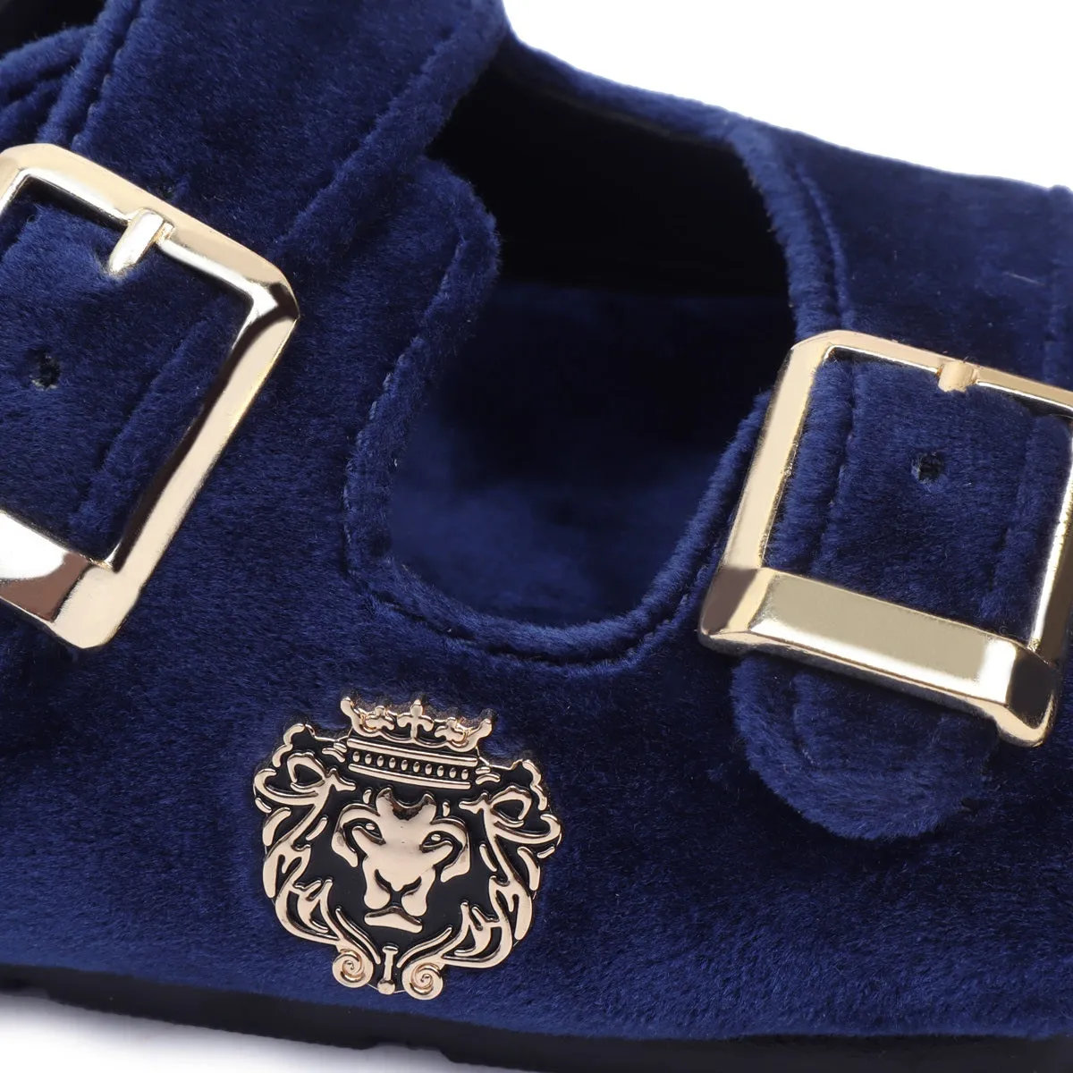 Buckled Slide-in Slippers in Blue Italian Velvet Material