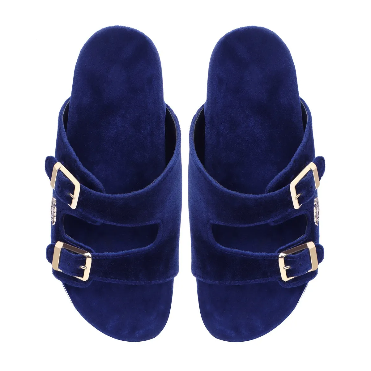 Buckled Slide-in Slippers in Blue Italian Velvet Material