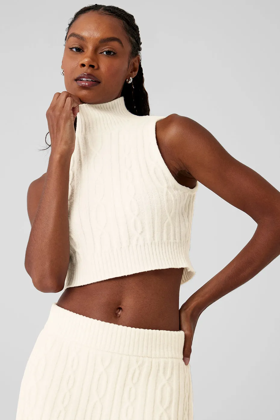 Cable Knit Winter Bliss Mock Neck Tank - Ivory