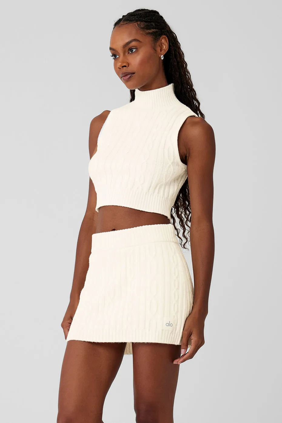 Cable Knit Winter Bliss Mock Neck Tank - Ivory