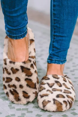 Camel Leopard Print Fuzzy Home Slippers