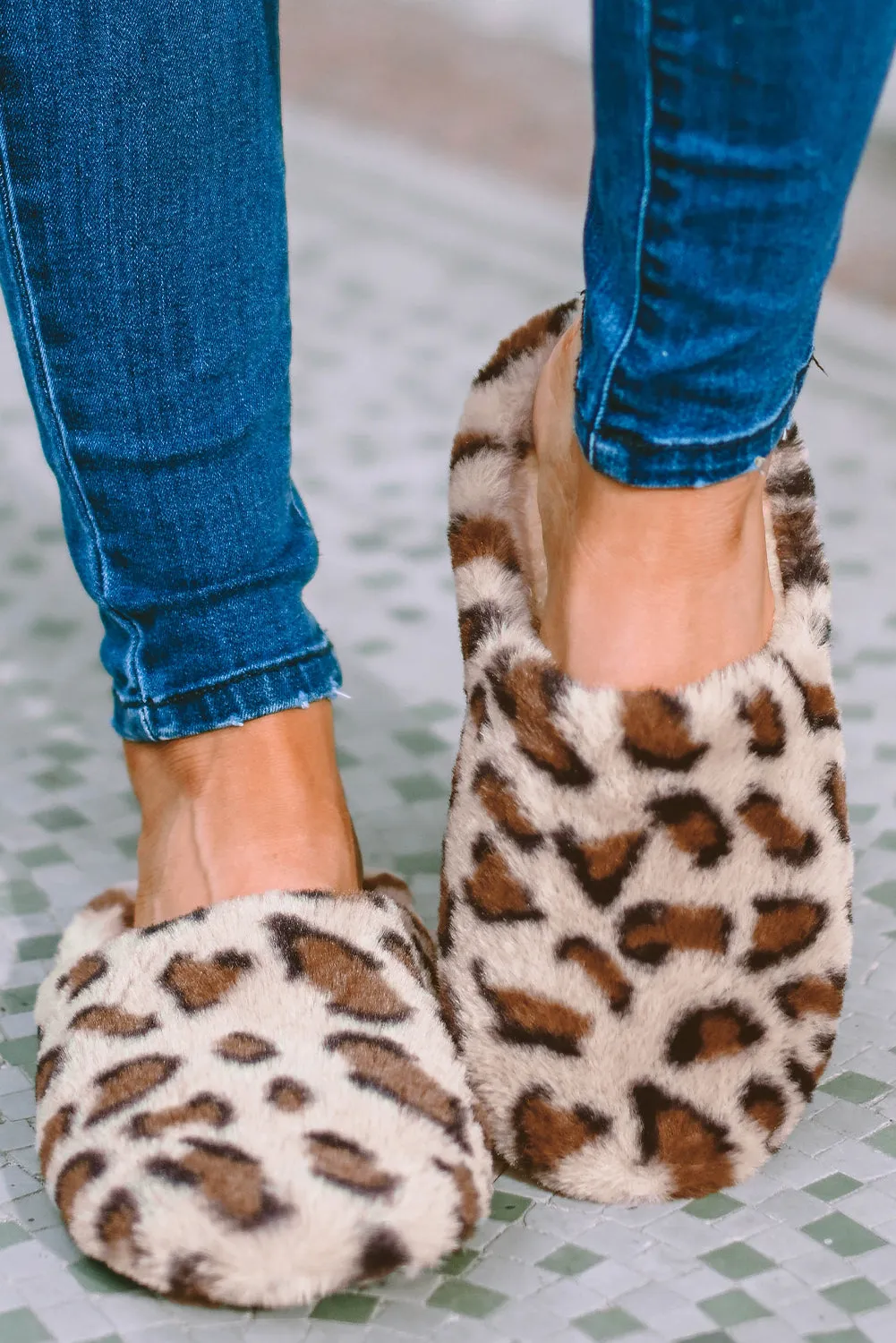 Camel Leopard Print Fuzzy Home Slippers