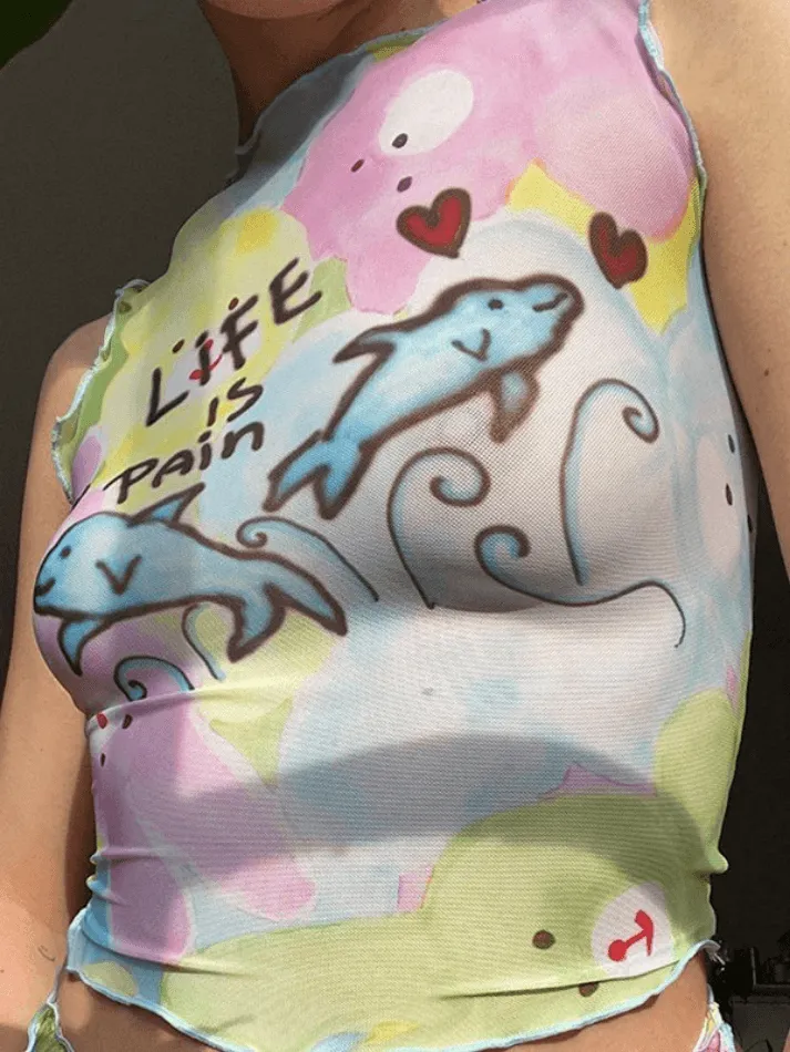 Cartoon Print Mesh Tank Top