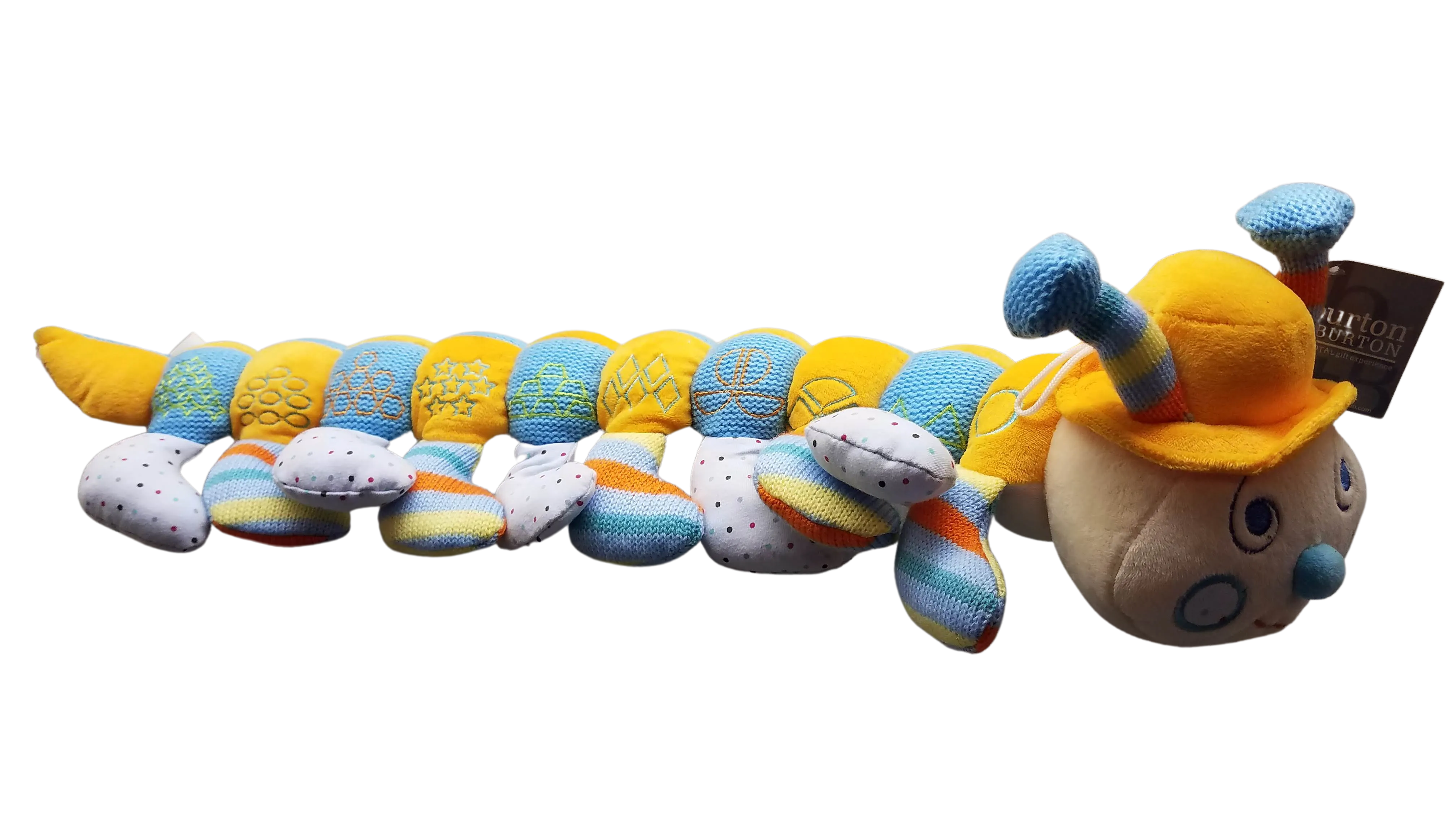 Caterpiller blue/yellow plush w rattle 24"l x 18"w