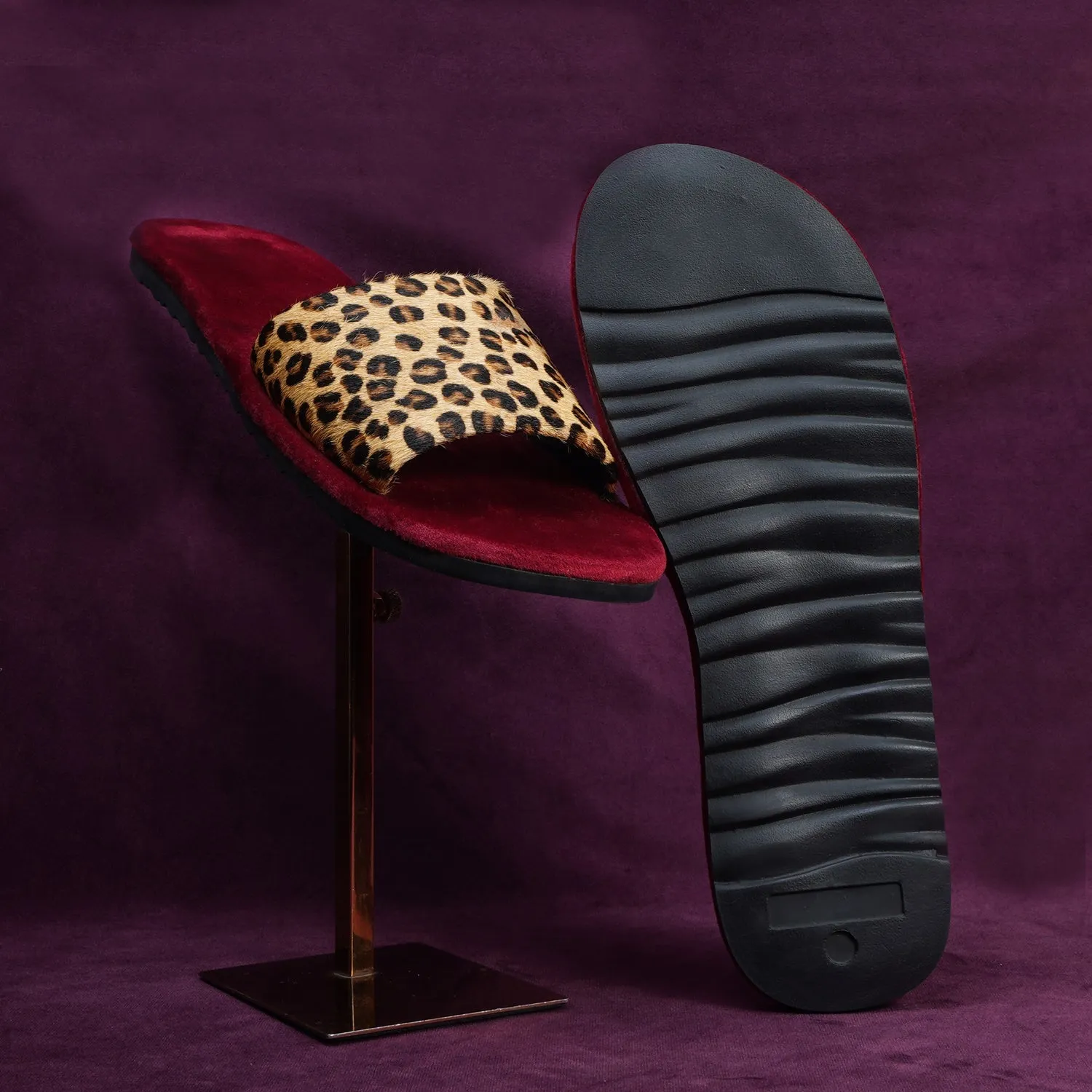 Cheetah Print Hairon Leather Strap Velvet Slide-In Slippers by Brune & Bareskin