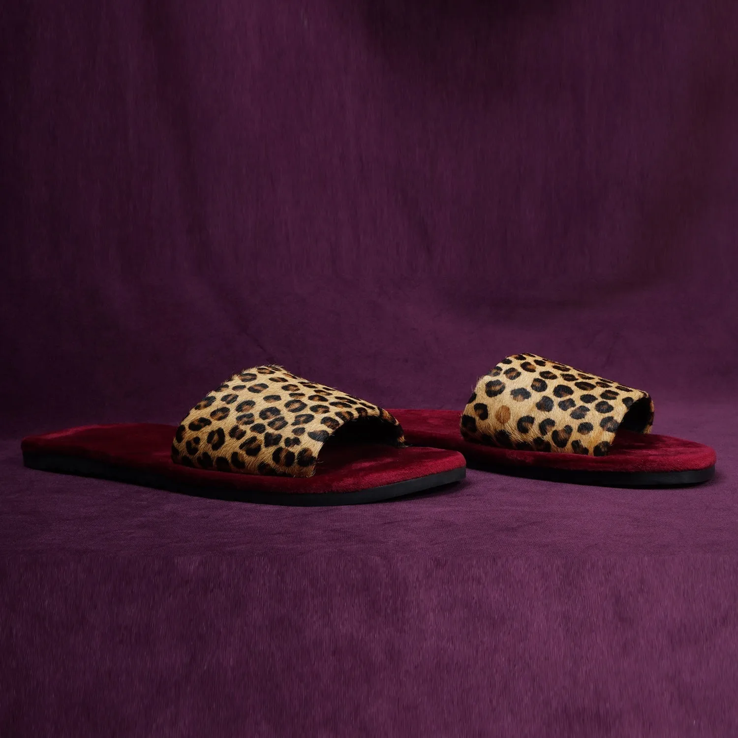 Cheetah Print Hairon Leather Strap Velvet Slide-In Slippers by Brune & Bareskin