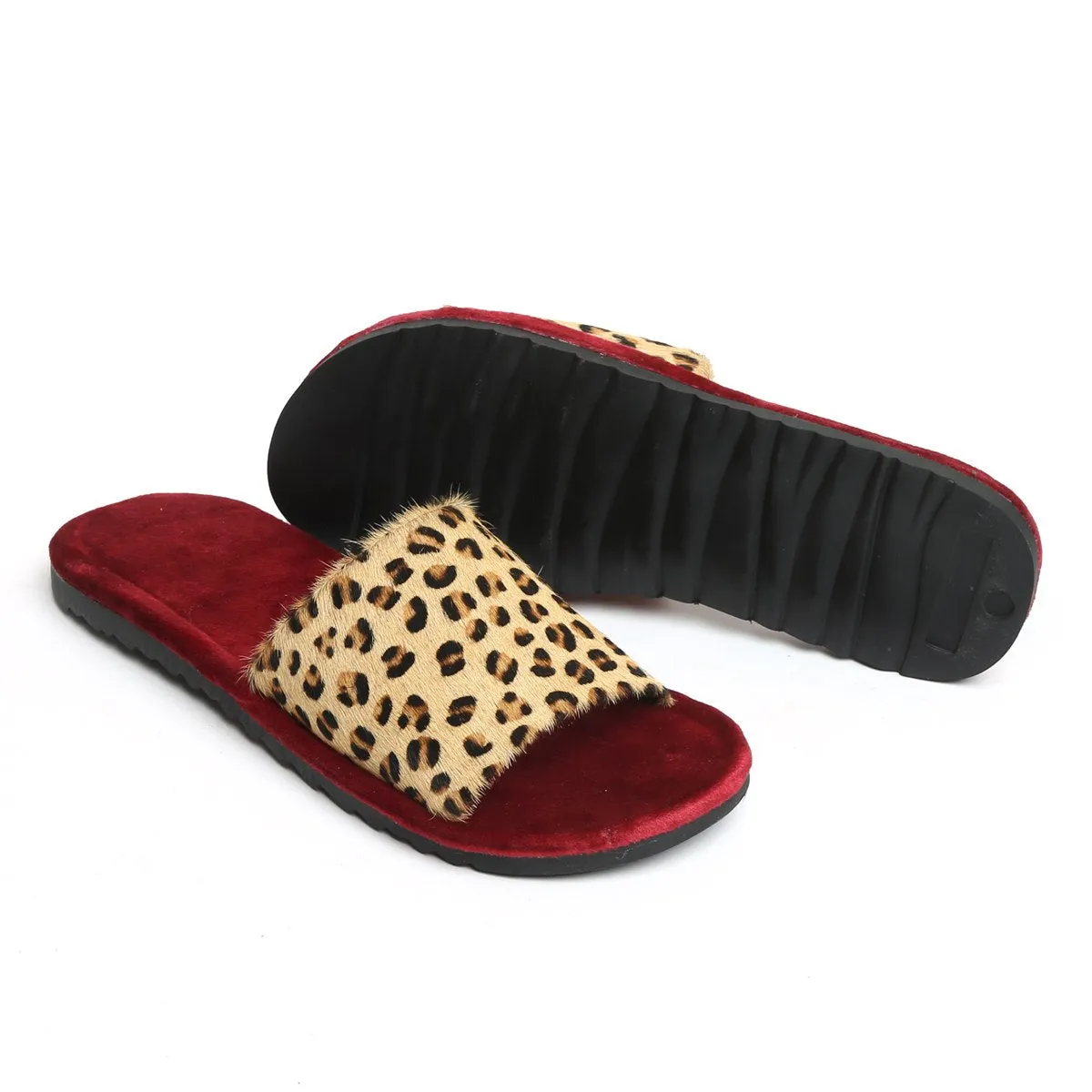 Cheetah Print Hairon Leather Strap Velvet Slide-In Slippers by Brune & Bareskin