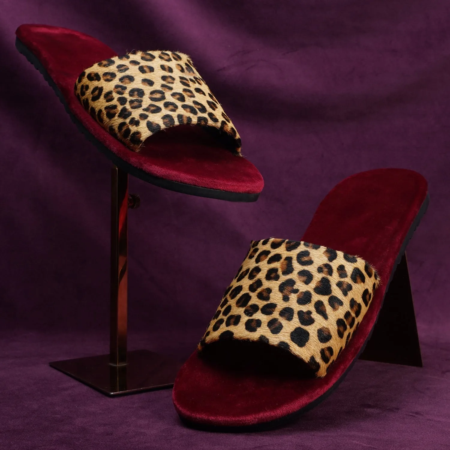 Cheetah Print Hairon Leather Strap Velvet Slide-In Slippers by Brune & Bareskin