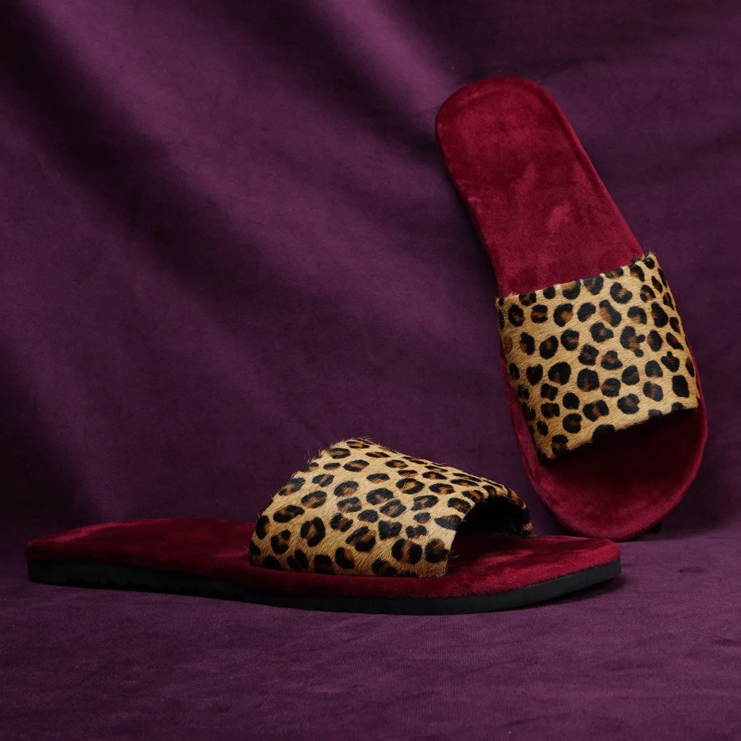 Cheetah Print Hairon Leather Strap Velvet Slide-In Slippers by Brune & Bareskin