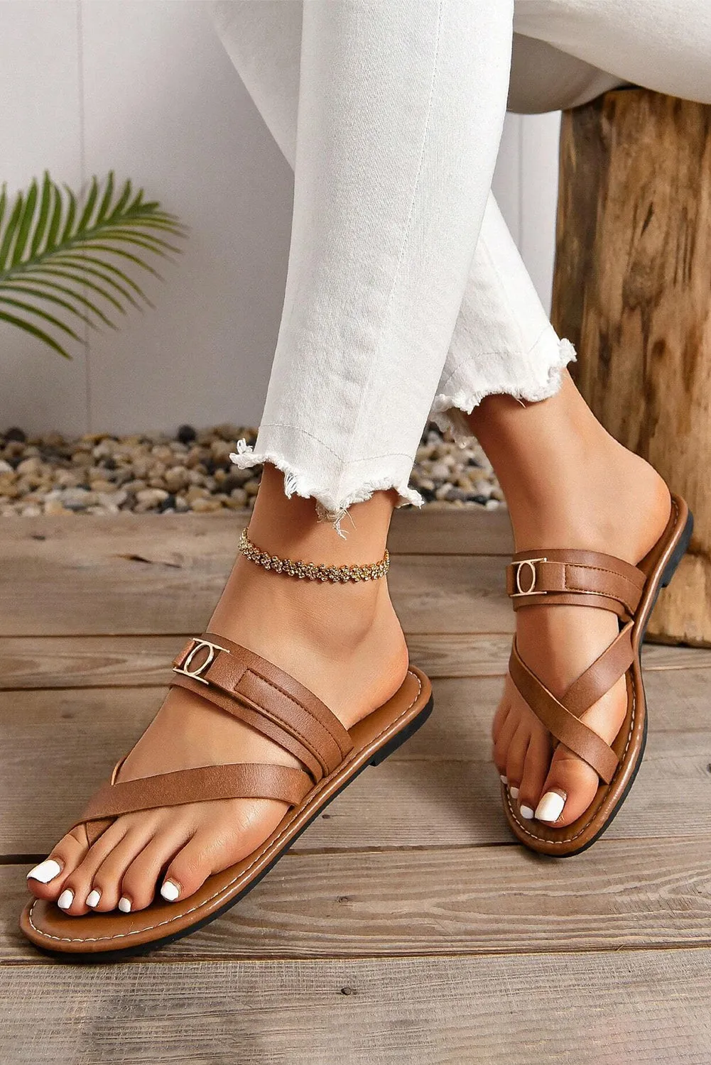 Chestnut Cross Toe Metal Buckle Strap Flat Slippers