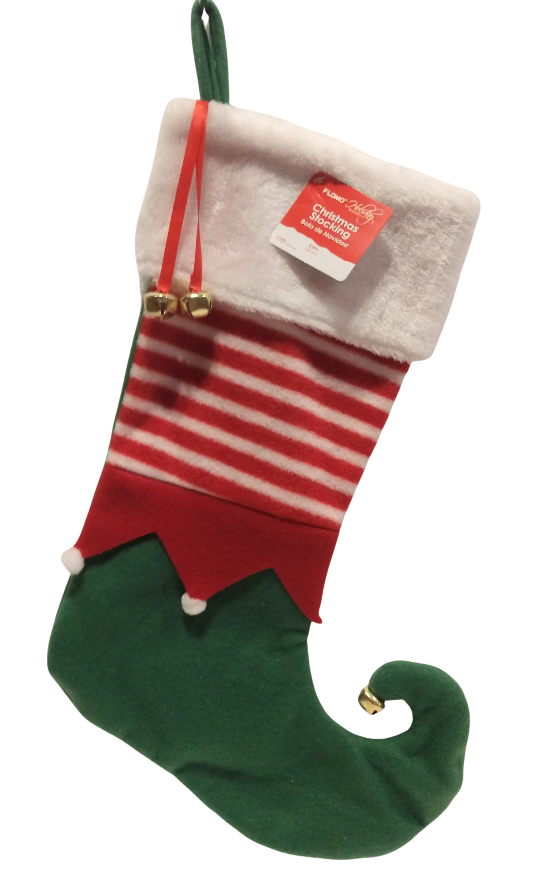 Christmas Elf Stocking With Jingle Bells Green/Red/White 19"