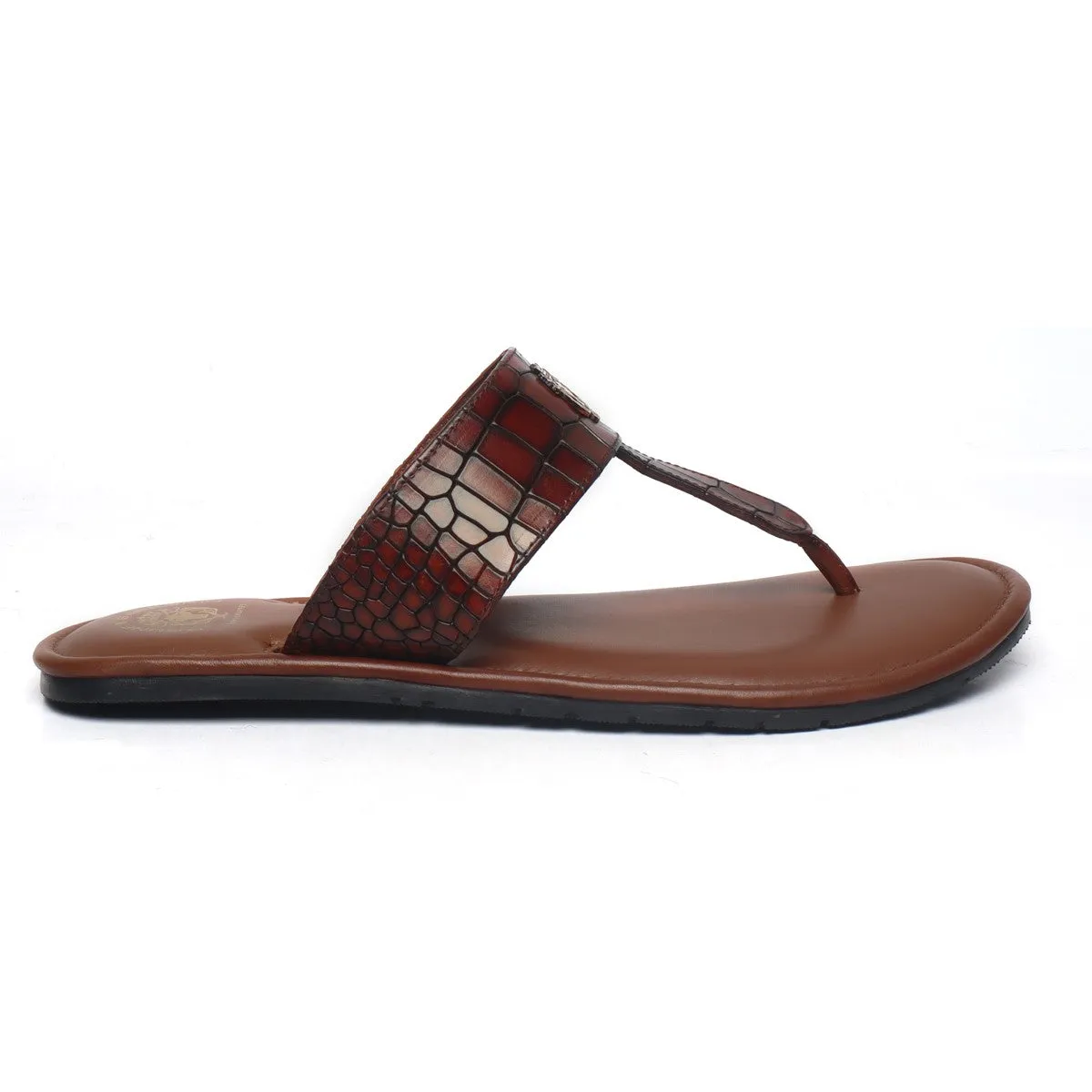 Cognac T- Strap Slippers in Deep Cut Croco Textured Leather