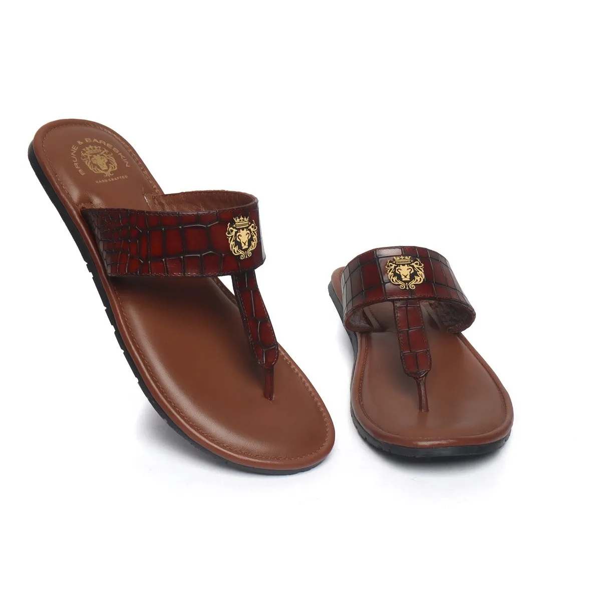 Cognac T- Strap Slippers in Deep Cut Croco Textured Leather