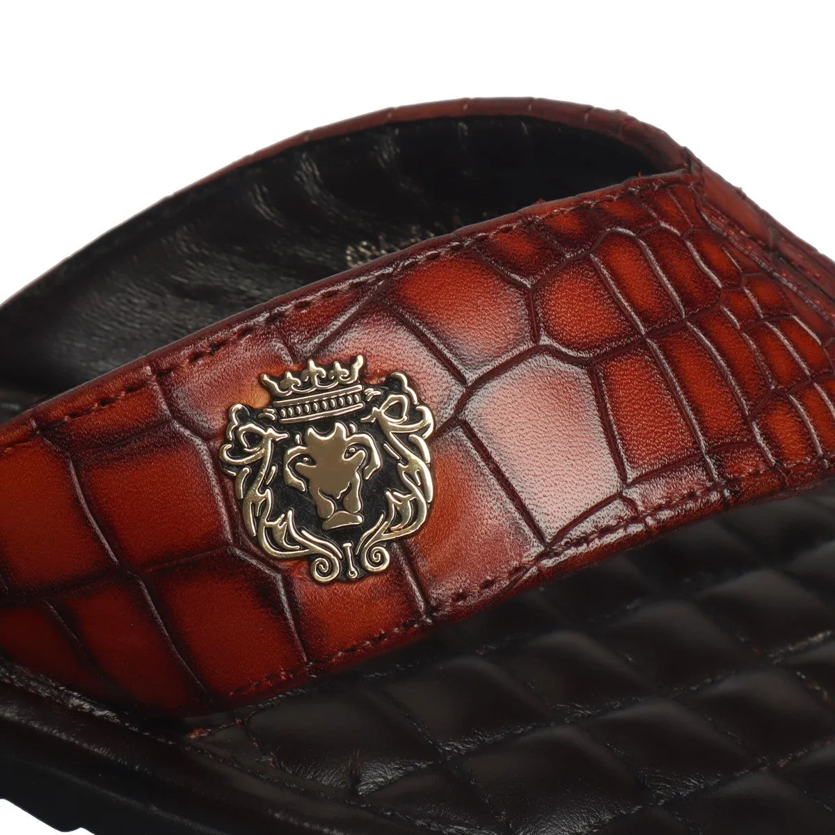 Cognac V- Strap Slide-in Slippers with Diamond Stitched Base in Deep Cut Leather