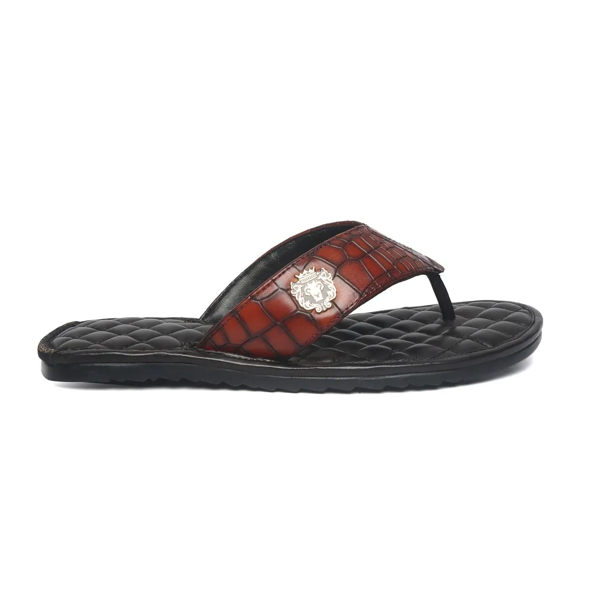 Cognac V- Strap Slide-in Slippers with Diamond Stitched Base in Deep Cut Leather