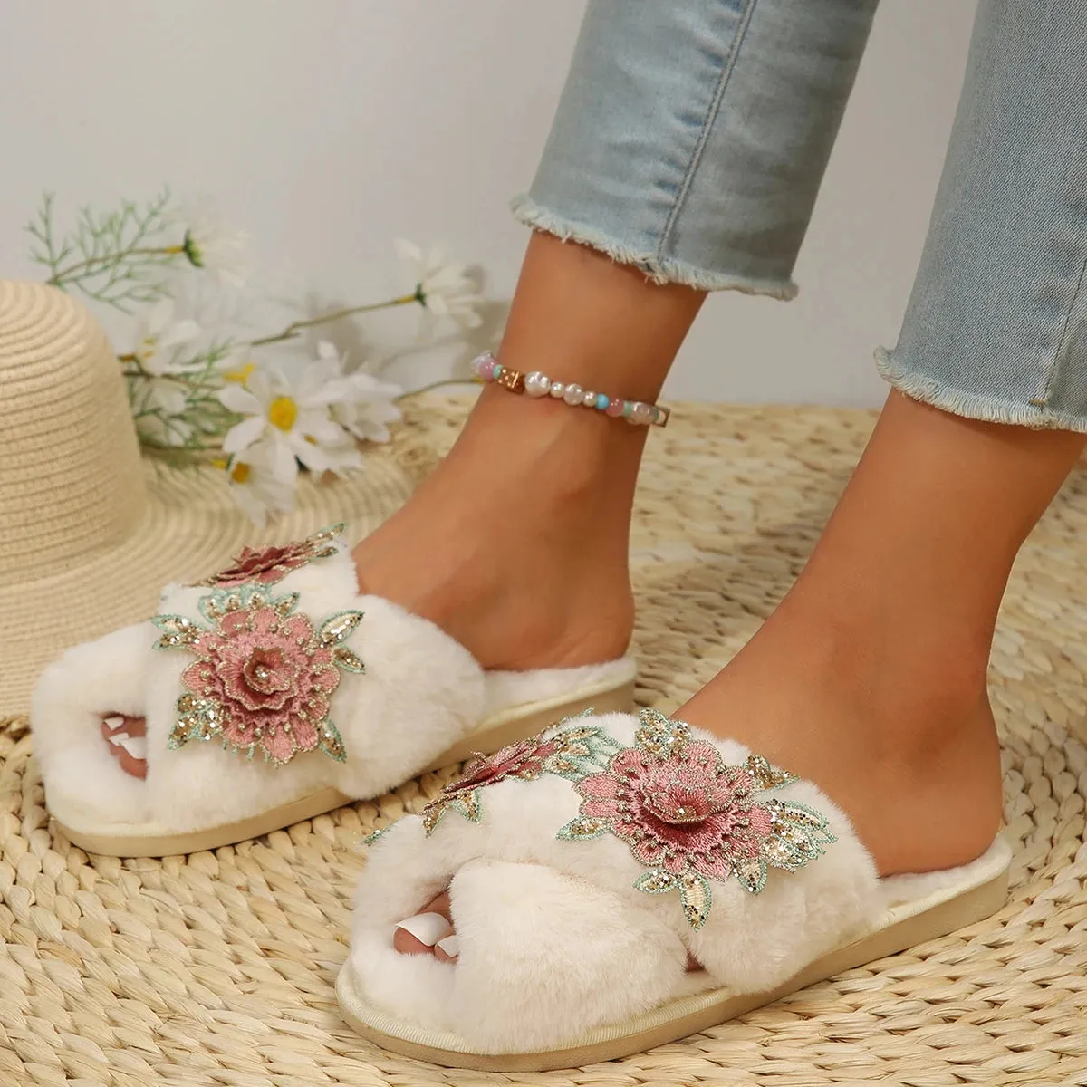 Criss Cross Slippers with Embroidered Roses for Women