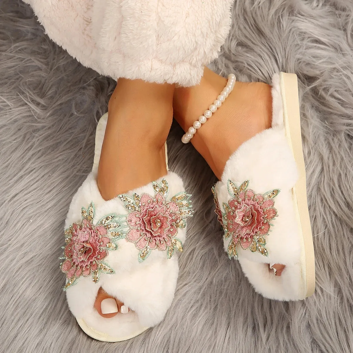 Criss Cross Slippers with Embroidered Roses for Women