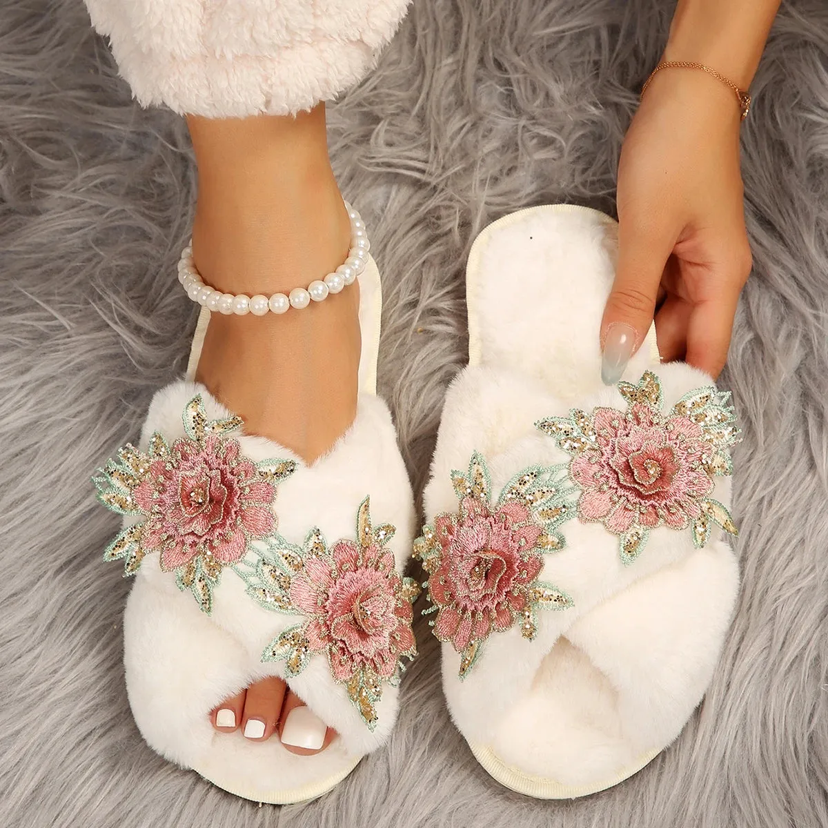 Criss Cross Slippers with Embroidered Roses for Women