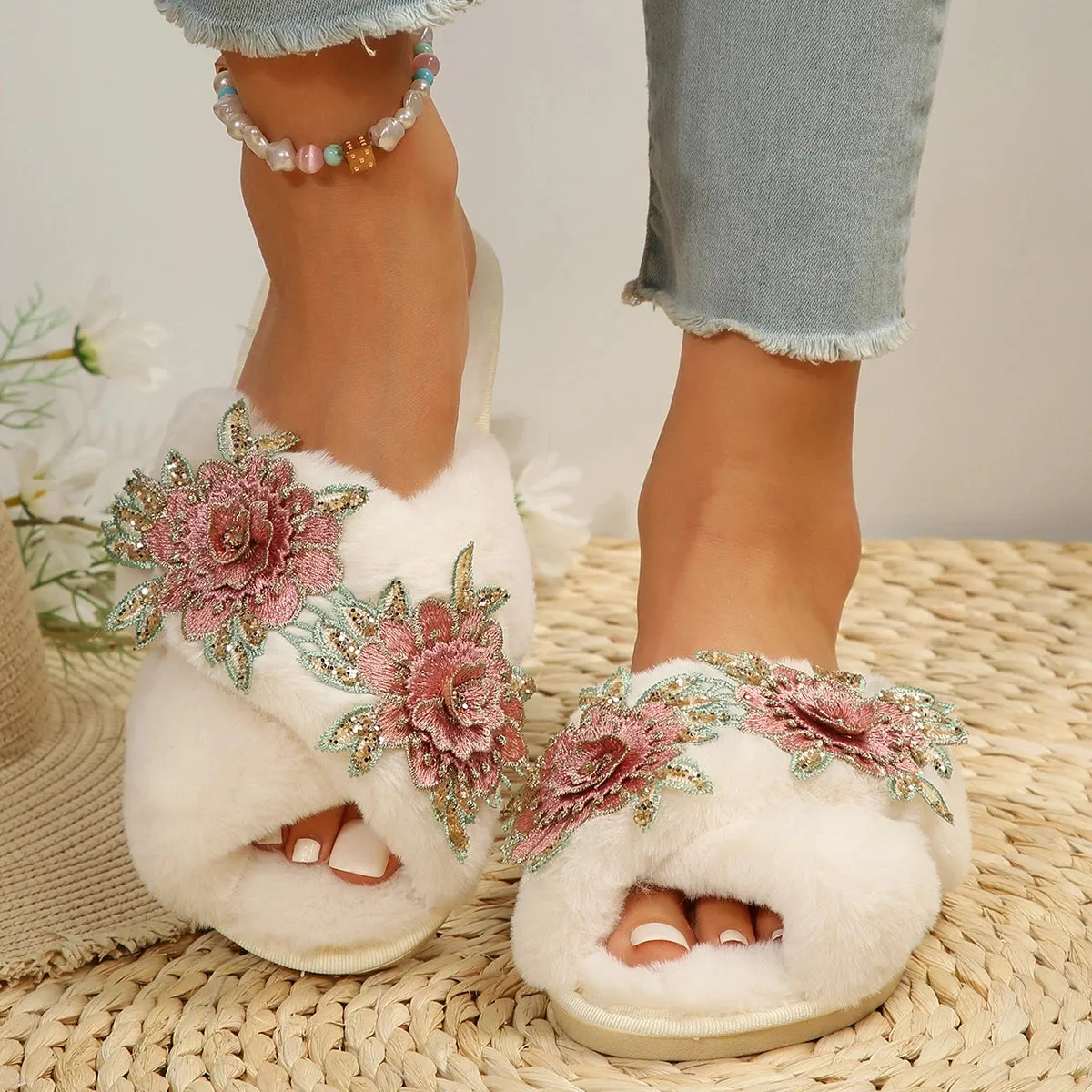 Criss Cross Slippers with Embroidered Roses for Women