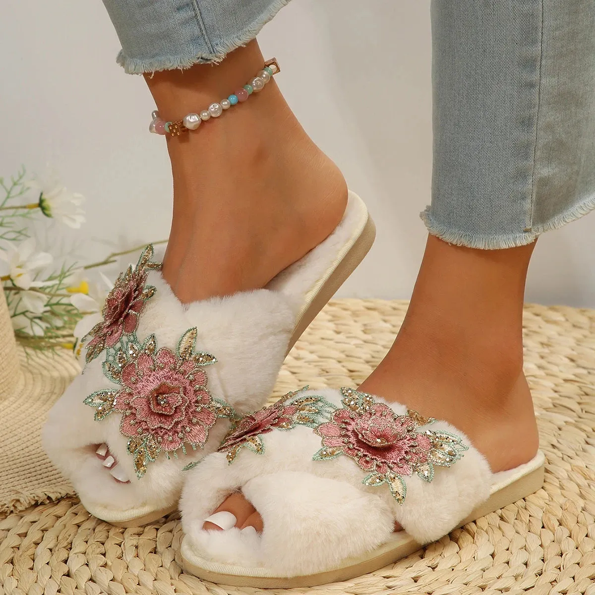 Criss Cross Slippers with Embroidered Roses for Women