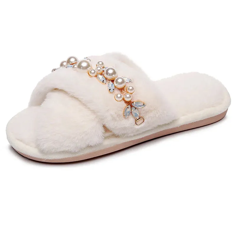 Cross Band Slippers with Pearls and Rhinestones for Women