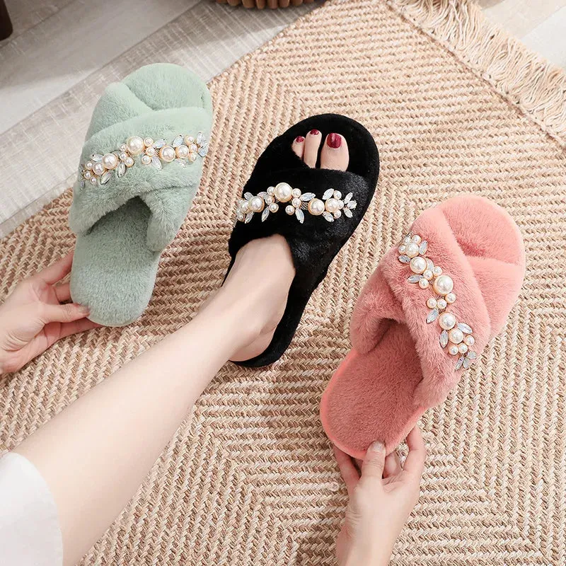 Cross Band Slippers with Pearls and Rhinestones for Women