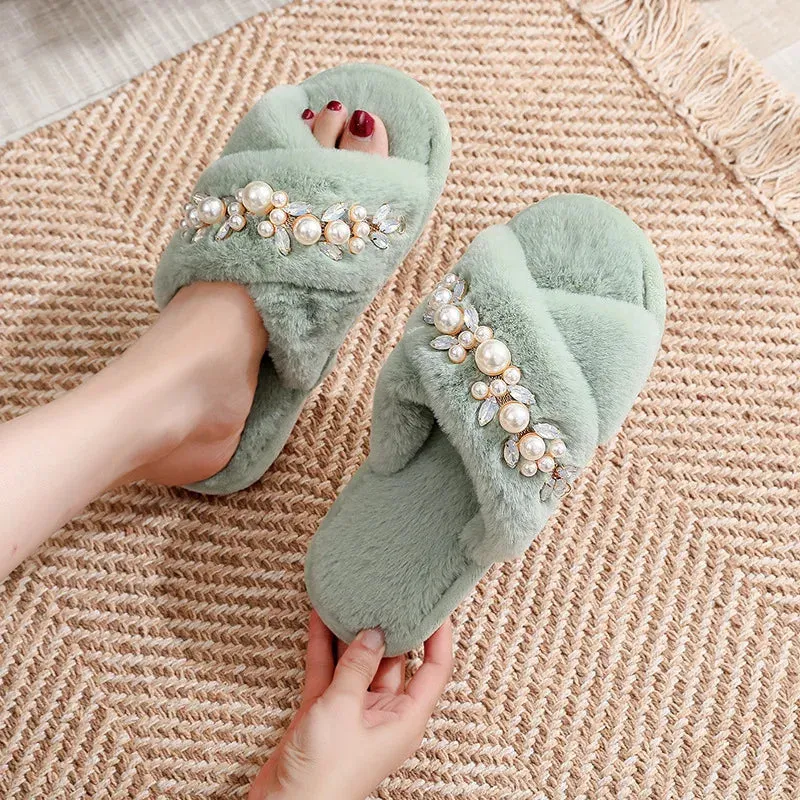 Cross Band Slippers with Pearls and Rhinestones for Women