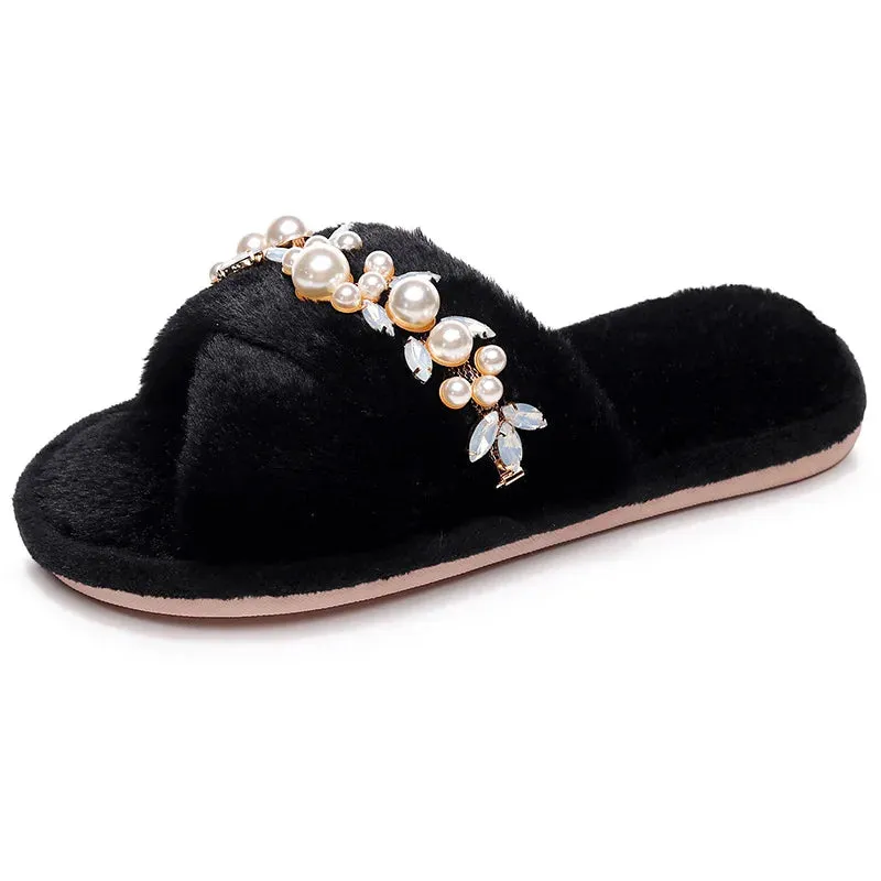 Cross Band Slippers with Pearls and Rhinestones for Women