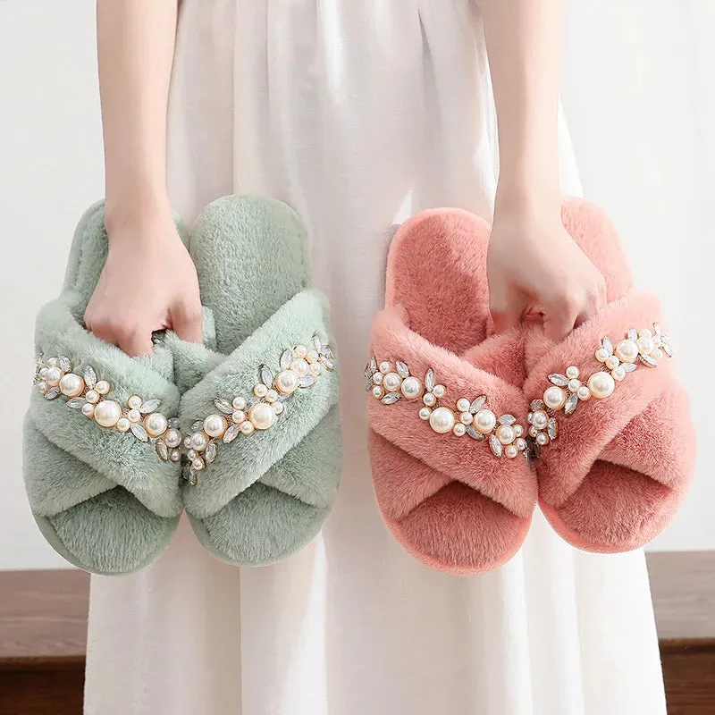 Cross Band Slippers with Pearls and Rhinestones for Women