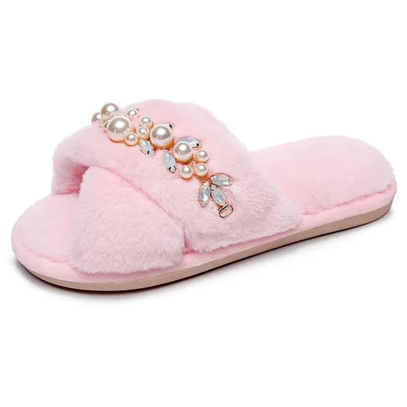 Cross Band Slippers with Pearls and Rhinestones for Women