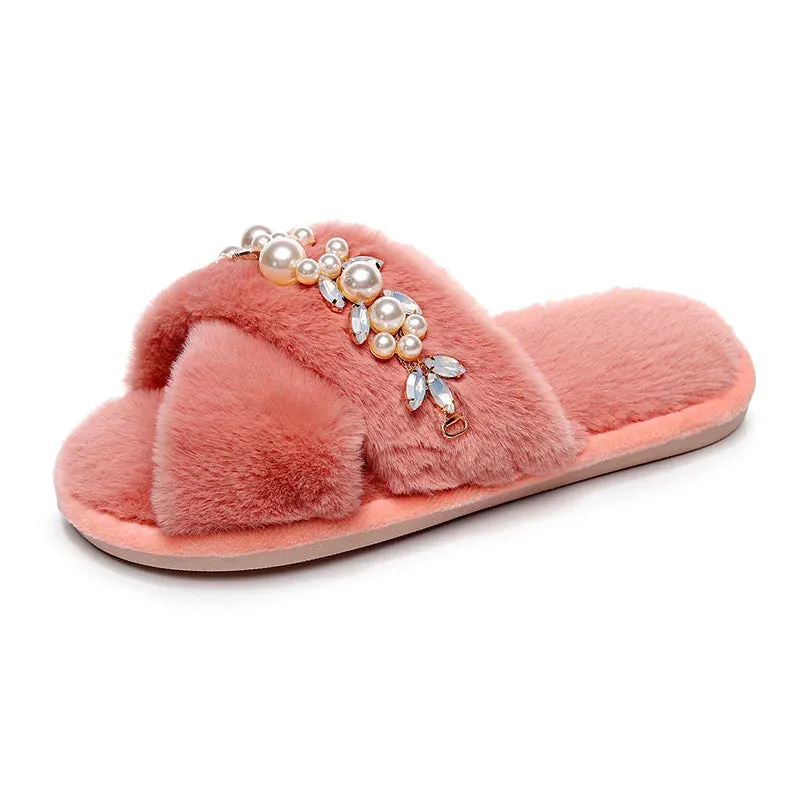 Cross Band Slippers with Pearls and Rhinestones for Women