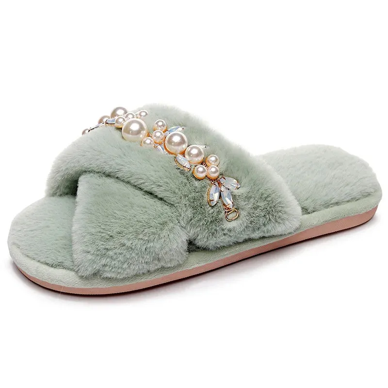 Cross Band Slippers with Pearls and Rhinestones for Women