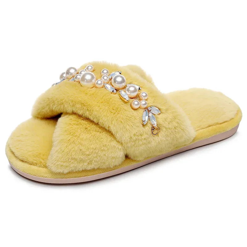 Cross Band Slippers with Pearls and Rhinestones for Women