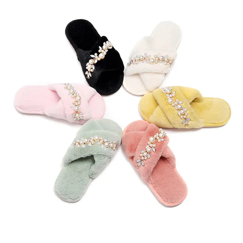 Cross Band Slippers with Pearls and Rhinestones for Women