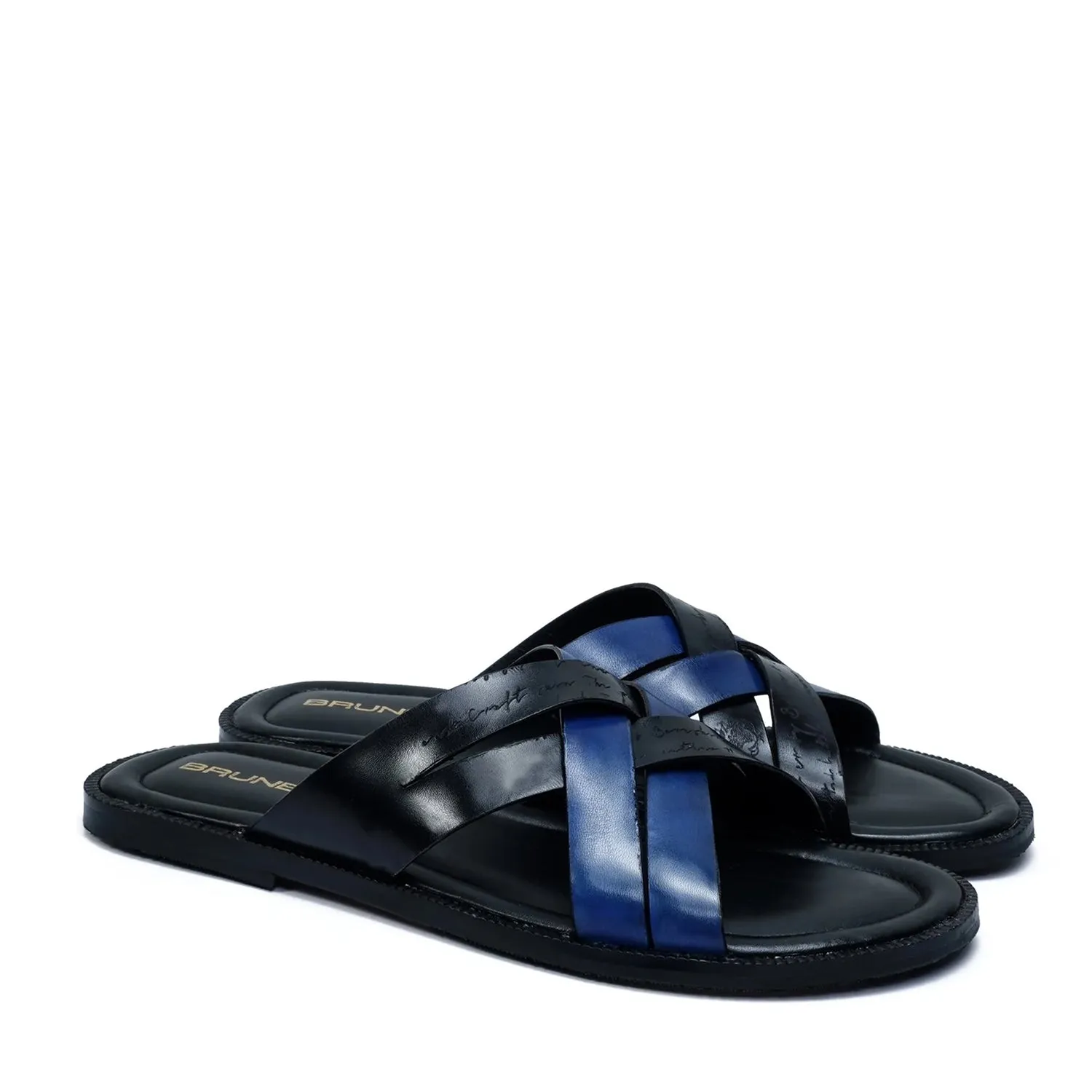 Cross Strap Welt Slide In Slippers with Laser Engraved Blue And Black Leather