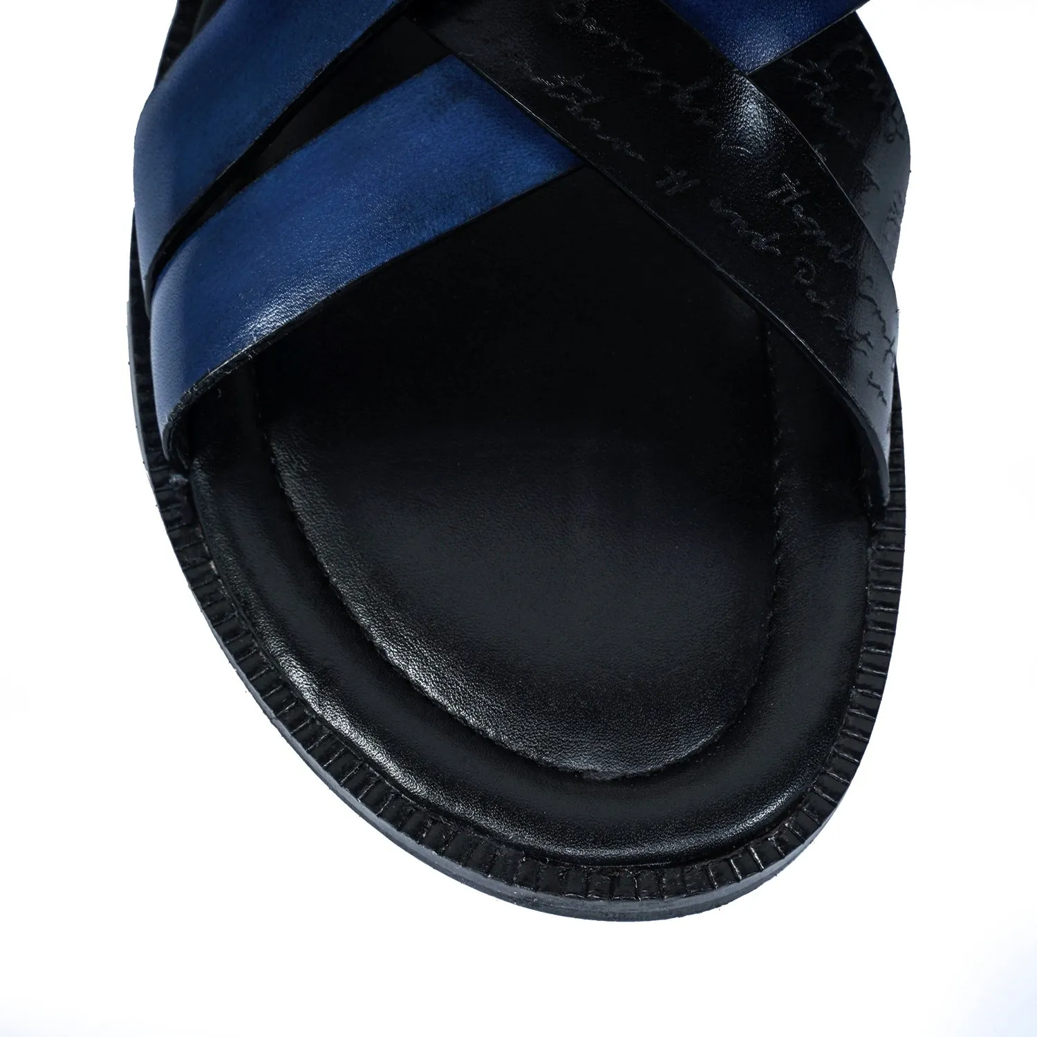 Cross Strap Welt Slide In Slippers with Laser Engraved Blue And Black Leather