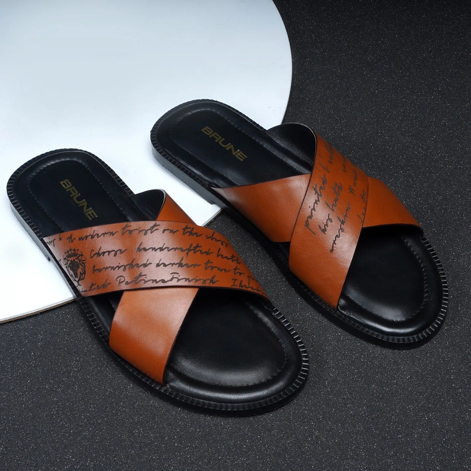 Cross Strapped Welted Tan Slide-in Slippers