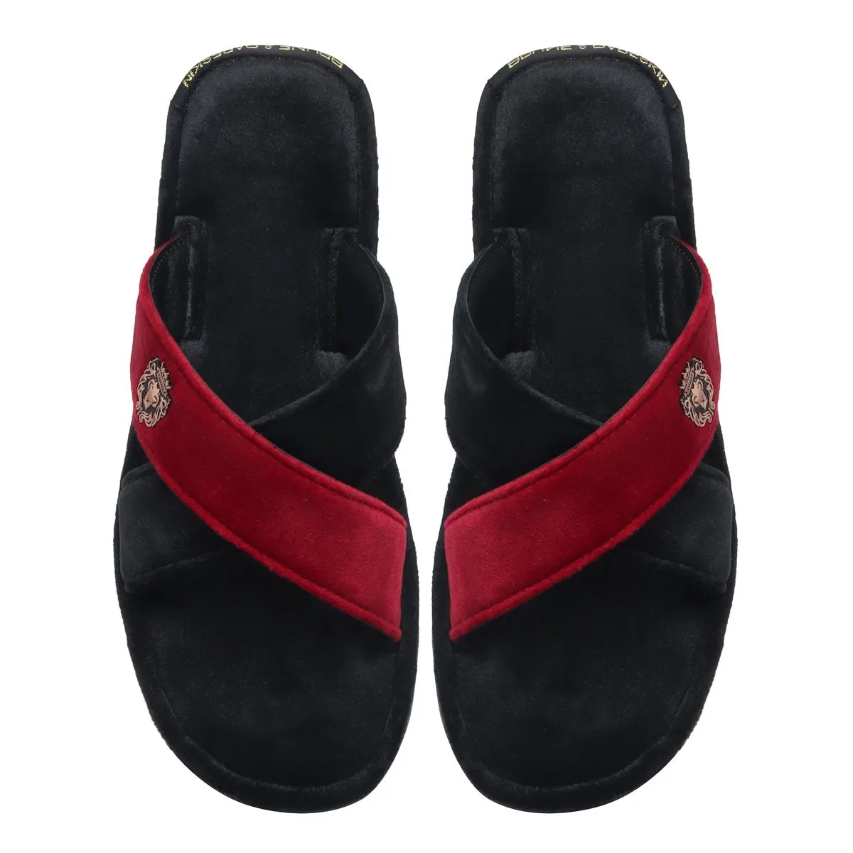 Cross Straps Velvet Slide-in Slippers in Black-Red Color