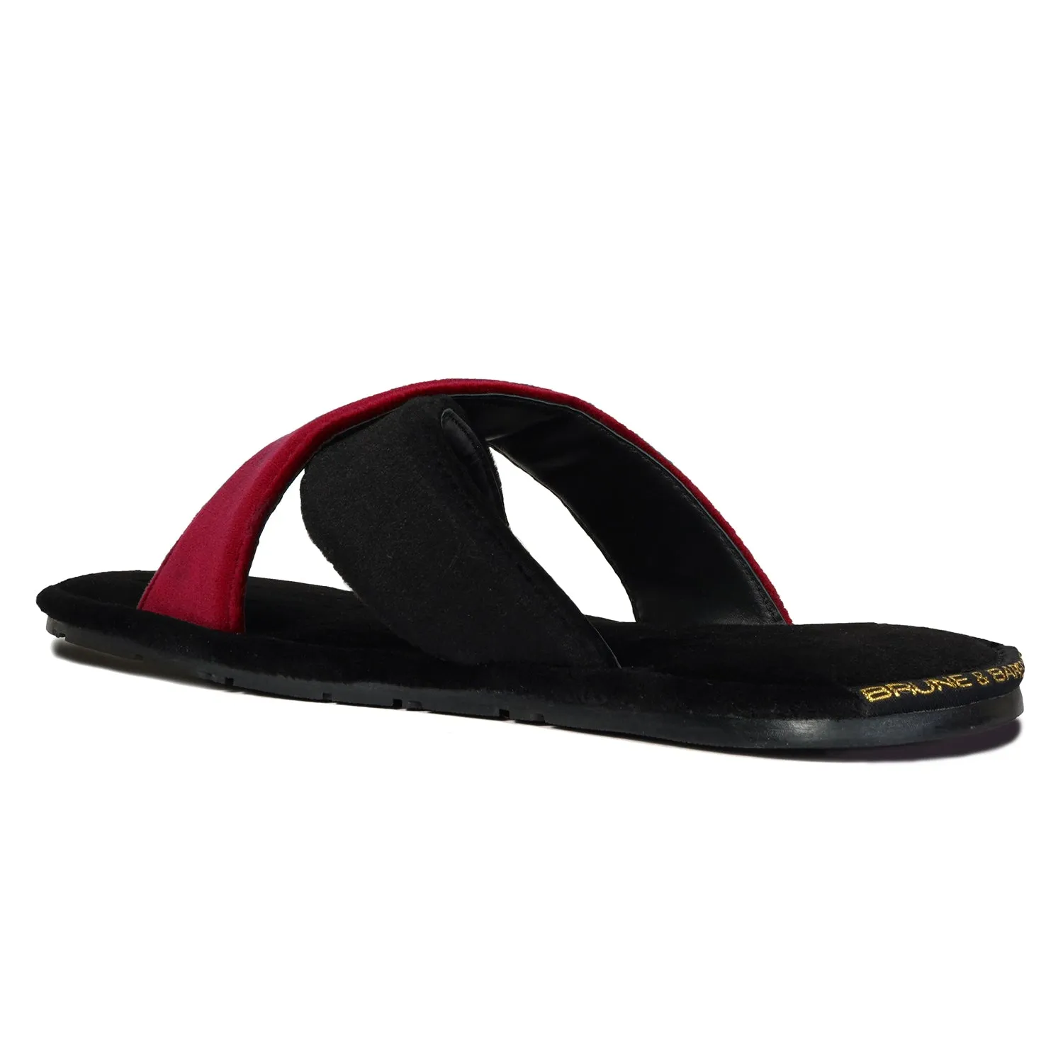 Cross Straps Velvet Slide-in Slippers in Black-Red Color