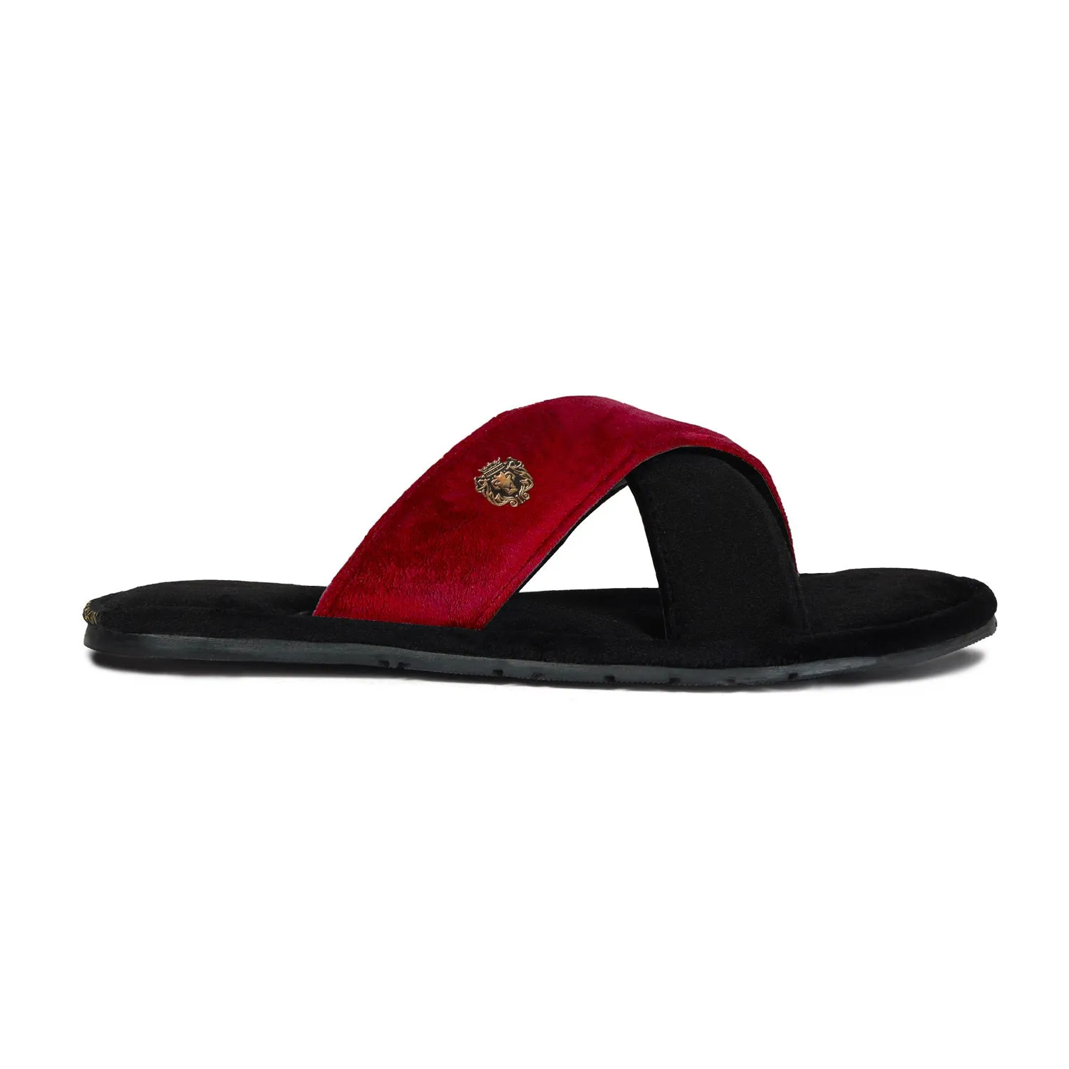 Cross Straps Velvet Slide-in Slippers in Black-Red Color